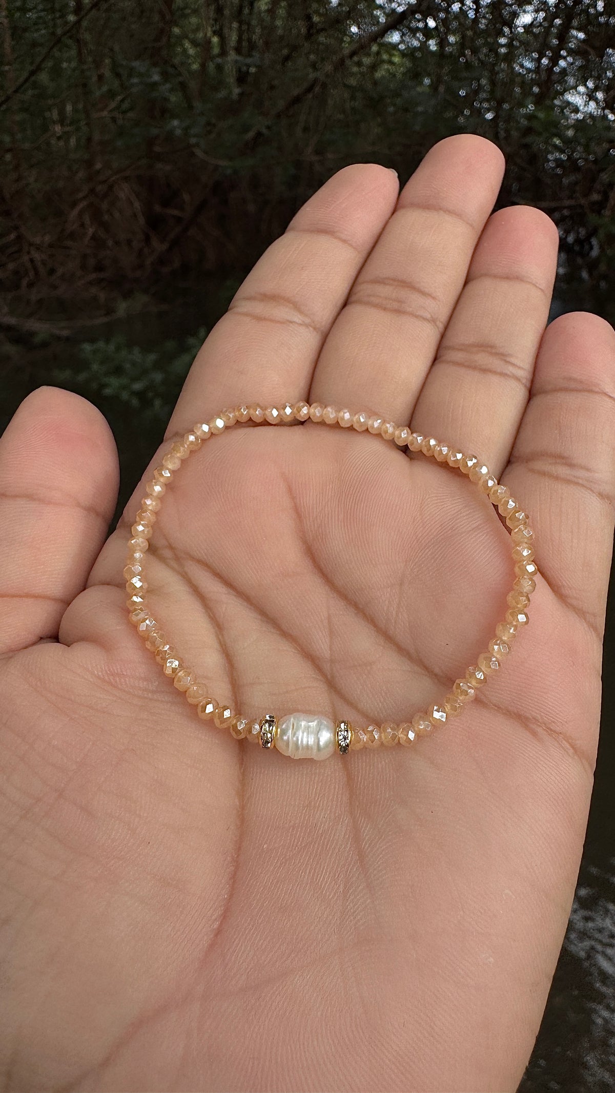 Pulseira de cristal e pérola - doce de leite