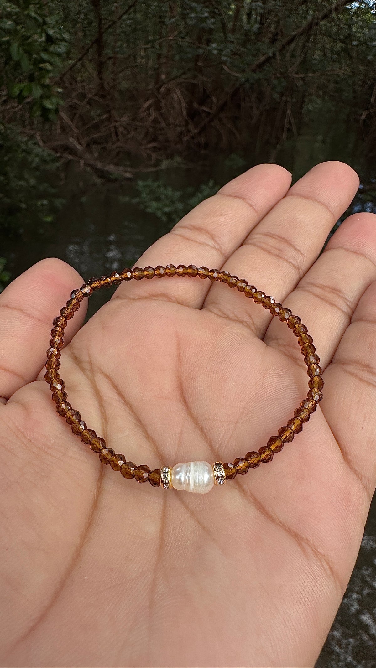 Pulseira de cristal e pérola - marrom