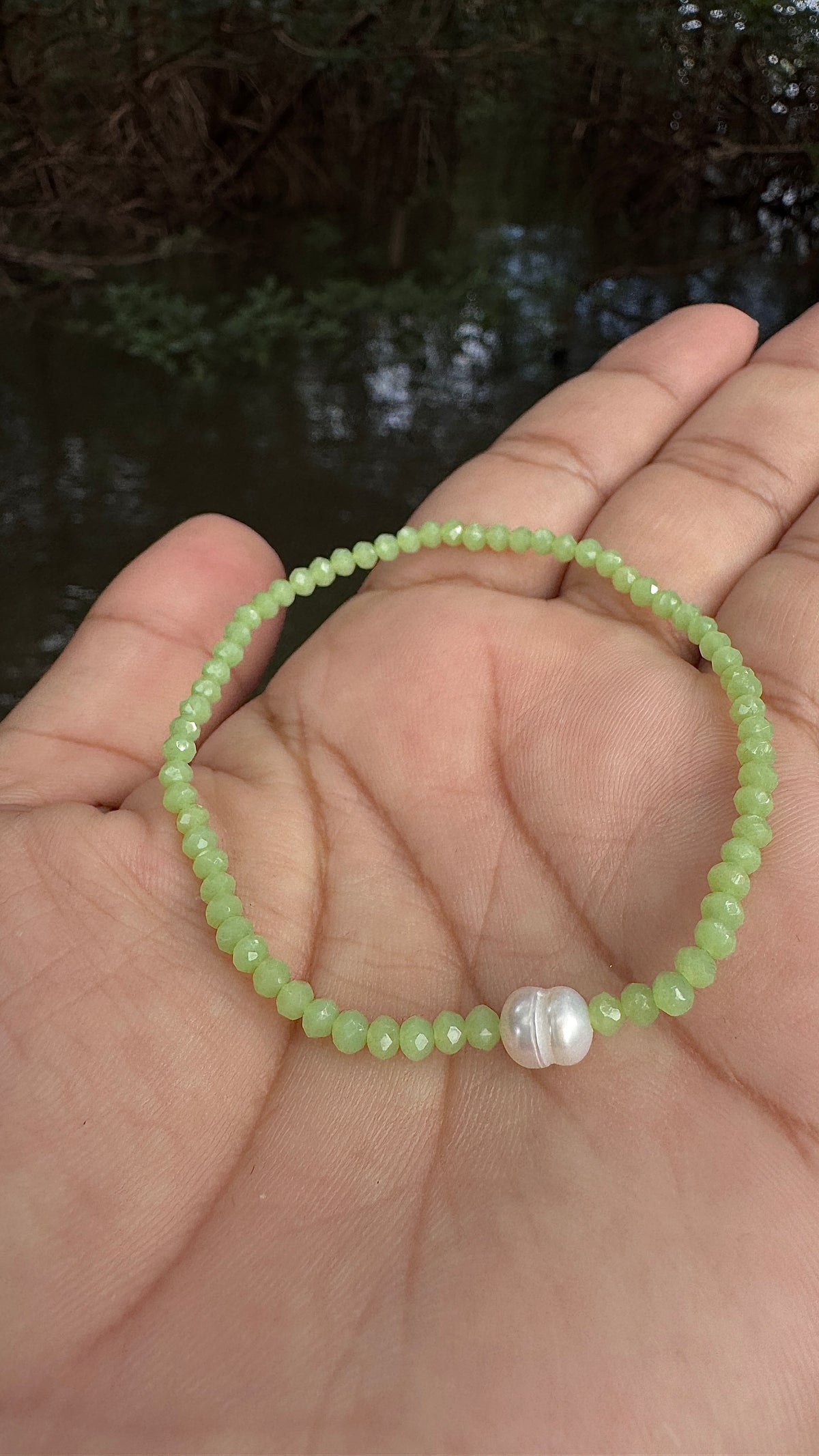 Pulseira de cristal e pérola - verde menta