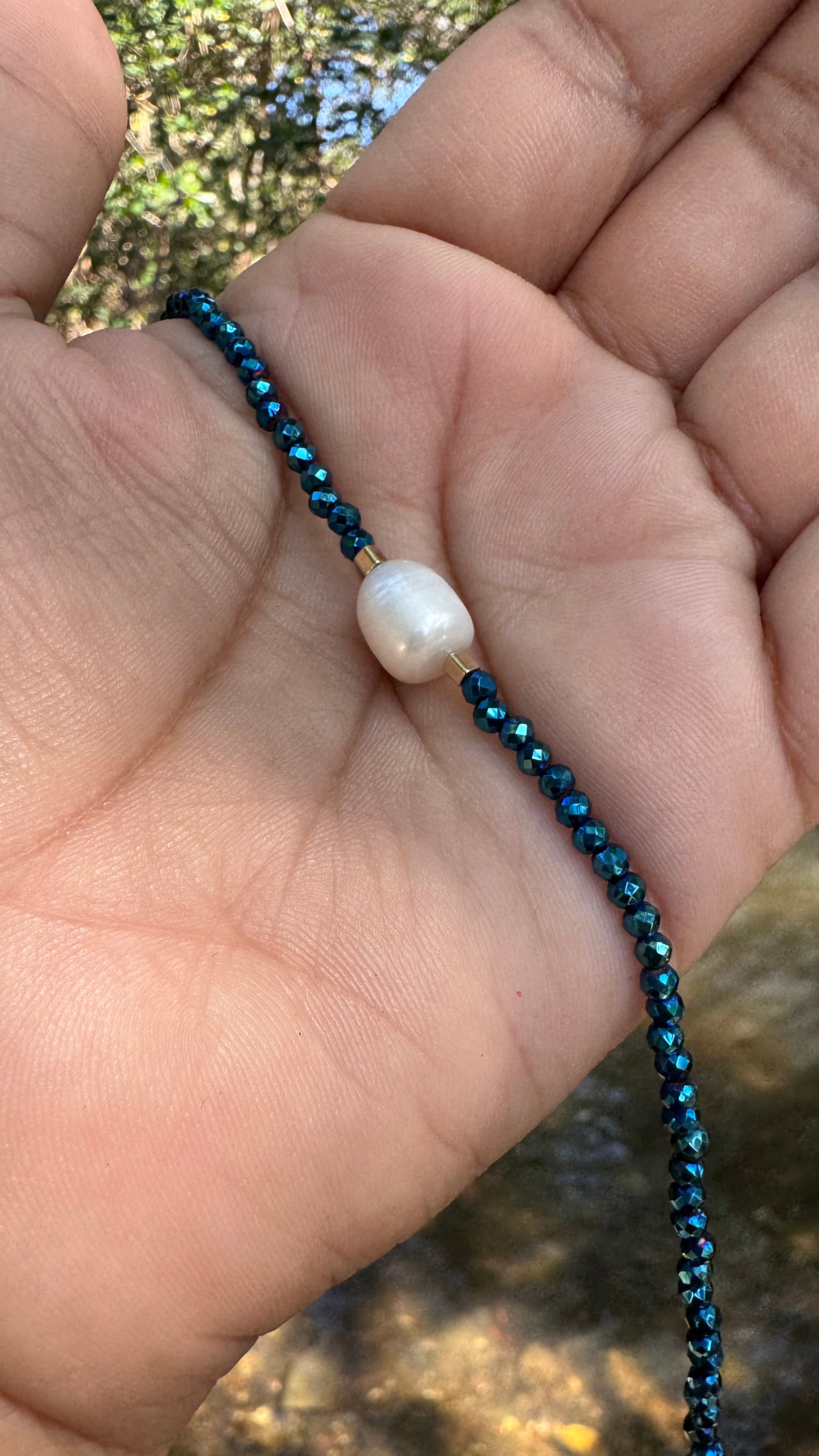 Colar cristal pérola G - Azul metalizado